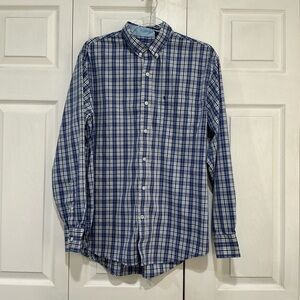🤎 Izod Men’s Blue Purple White Plaid Long Sleeve Button Down Shirt - Medium